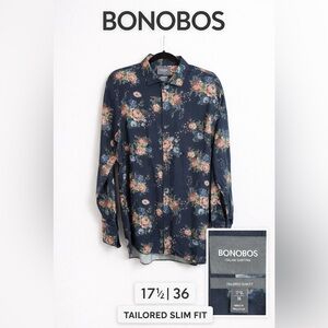 Bonobos Navy Blue and Pink  Floral Button Down Shirt  Tailored Slim Fit Nk 17.5